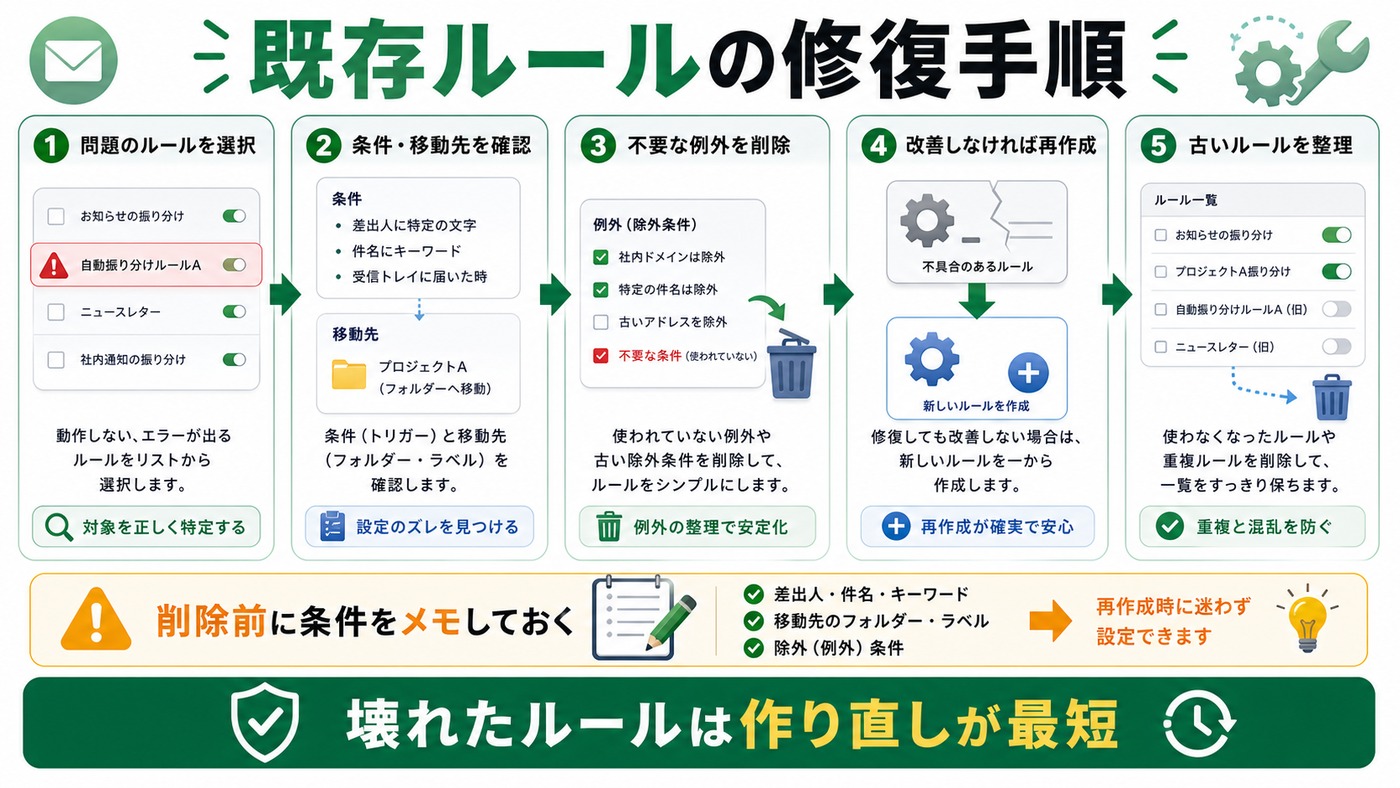 Outlookの既存ルール修復と再作成手順をまとめた図解