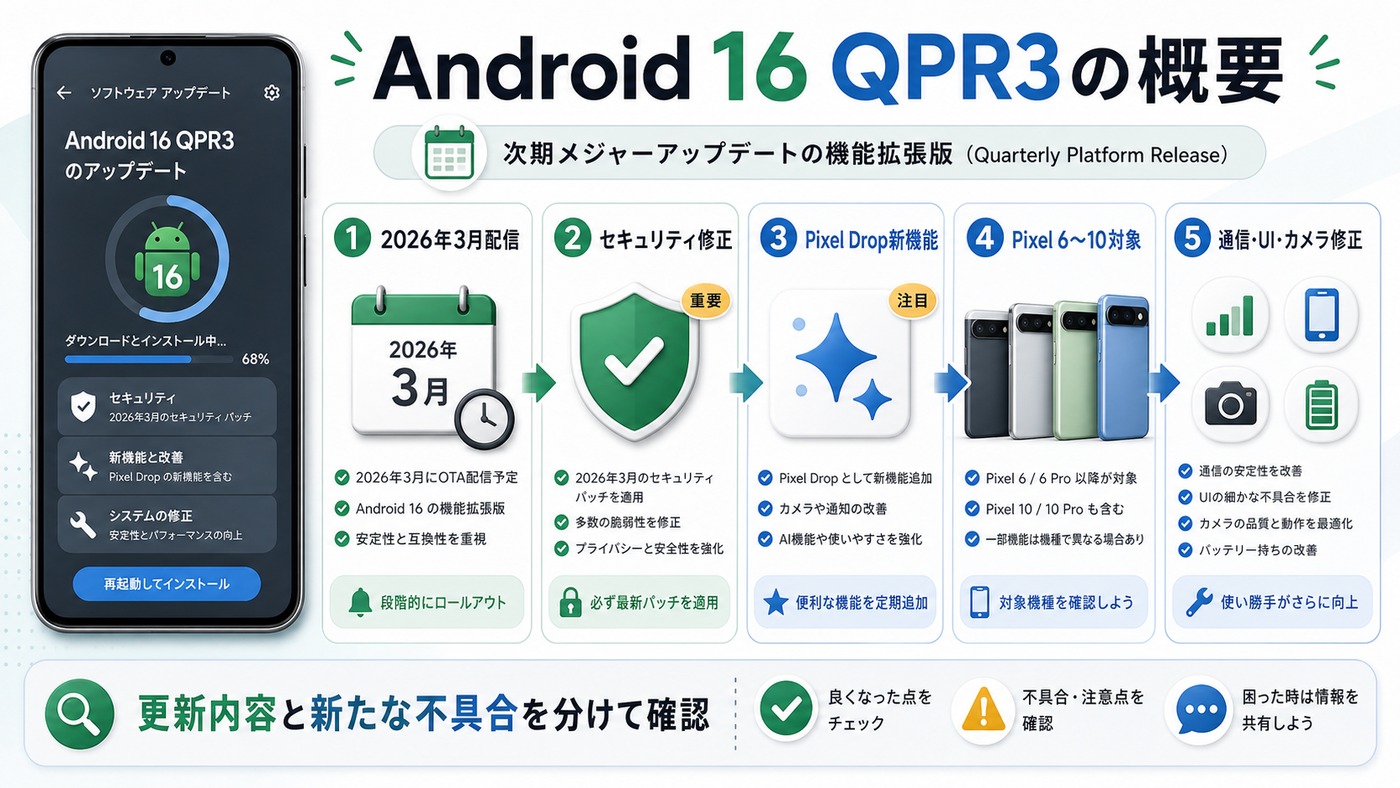 Android 16 QPR3の概要とPixelアップデート内容をまとめた図解