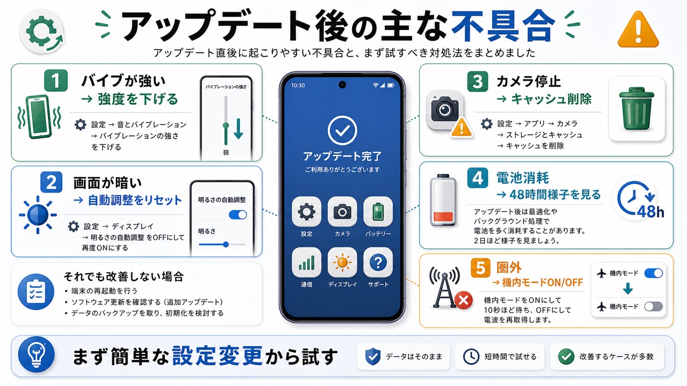 Pixelアップデート後に報告される主な不具合と最初の対処法をまとめた図解