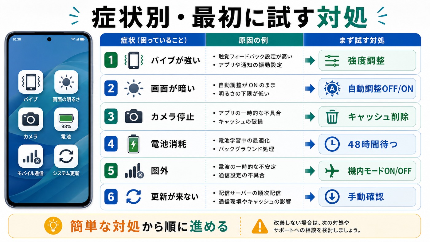 Pixelアップデート後の症状別に最初に試す対処法をまとめた早見表図解
