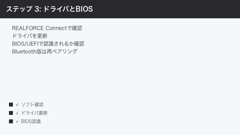 ステップ 3: ドライバとBIOS — REALFORCE Connectで確認・ドライバを更新・BIOS/UEFIで認識されるか確認