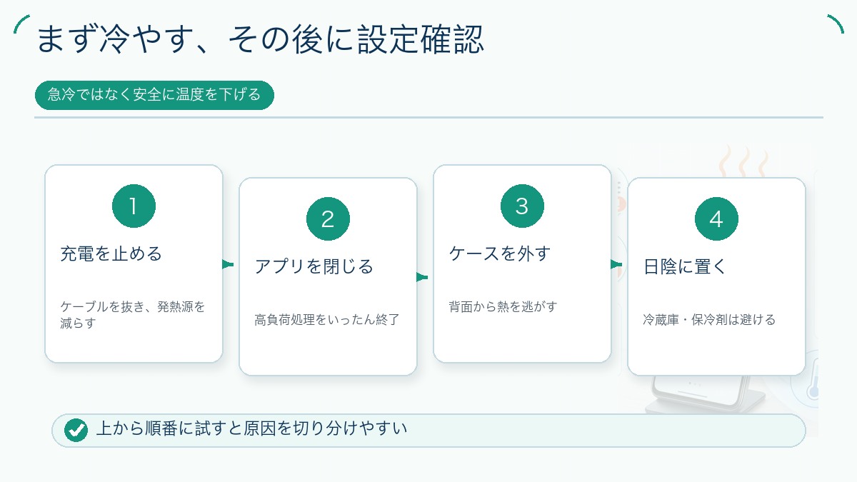まず冷やす、その後に設定確認を説明する図解