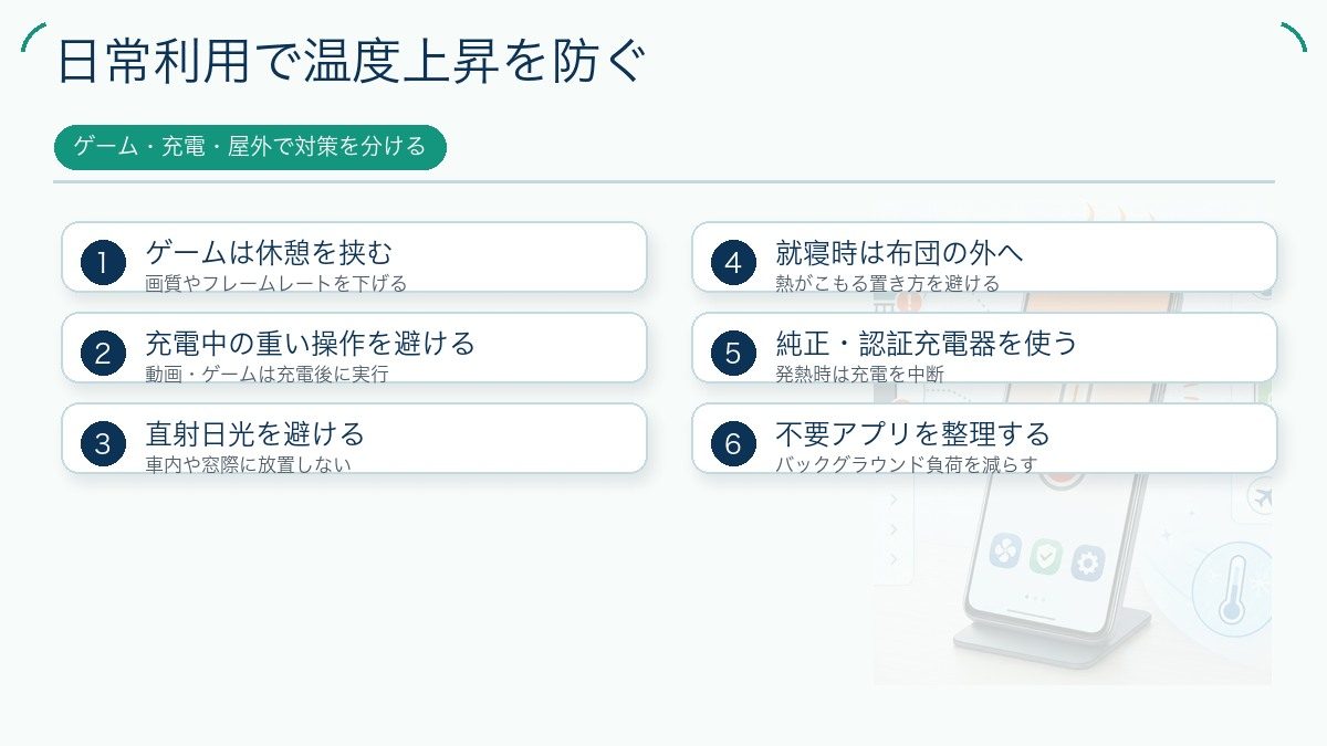 日常利用で温度上昇を防ぐを説明する図解