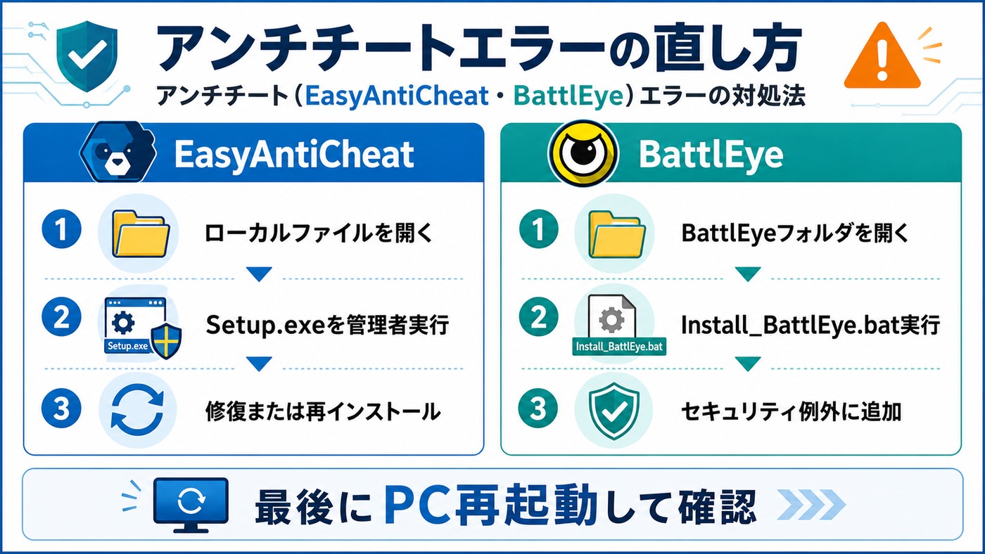 EasyAntiCheatとBattlEyeエラーの修復手順をまとめた図解