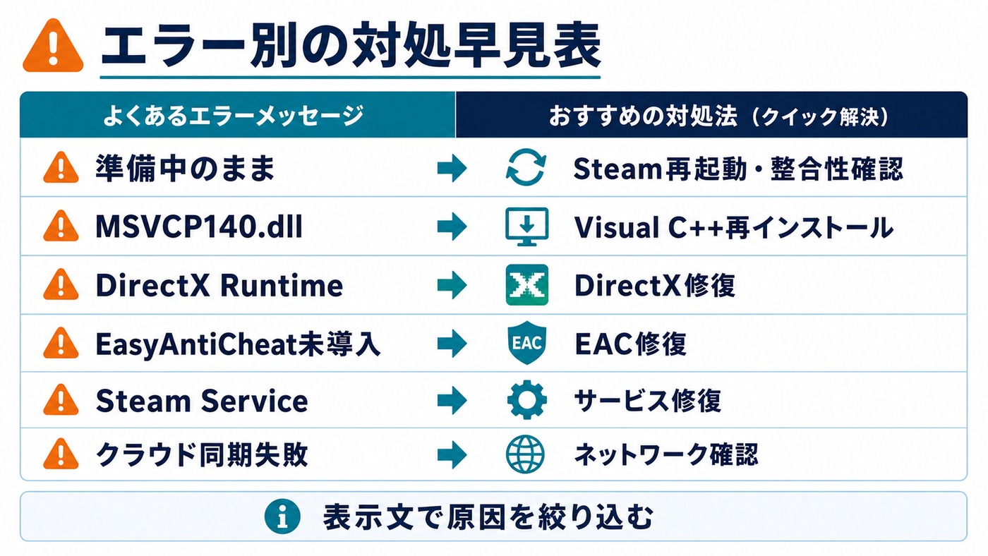 エラーメッセージ別にSteamゲーム起動失敗の原因と対処法を整理した早見表