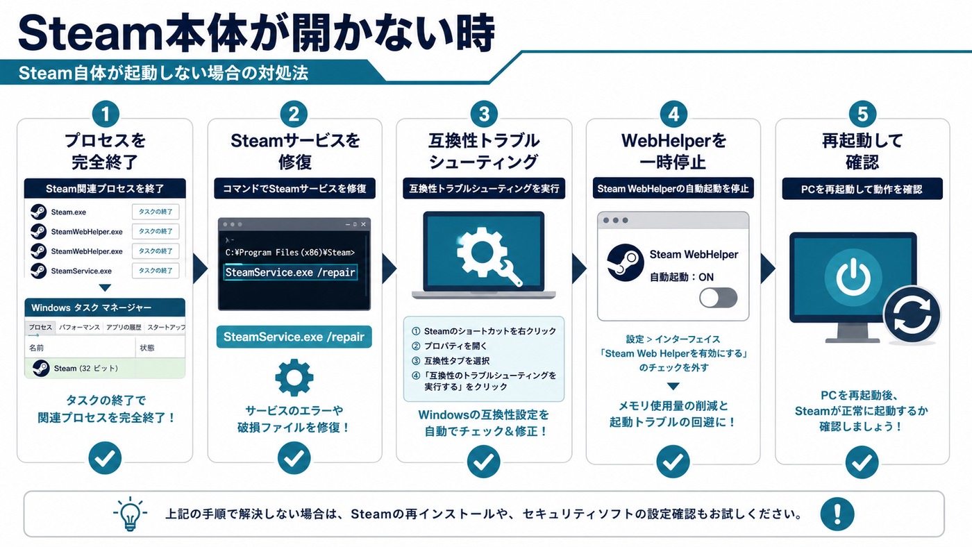 Steamクライアント本体が開かない時のプロセス終了、サービス修復、WebHelper確認手順の図解