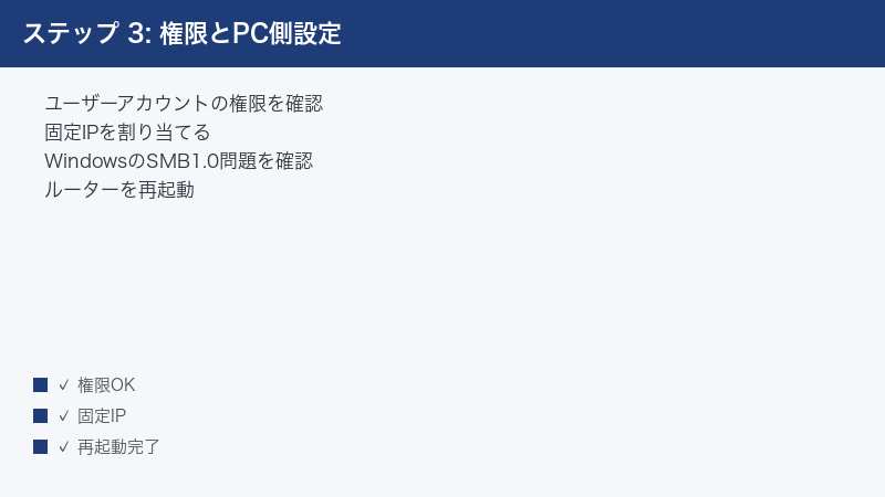 ステップ 3: 権限とPC側設定 — ユーザーアカウントの権限を確認・固定IPを割り当てる・WindowsのSMB1.0問題を確認