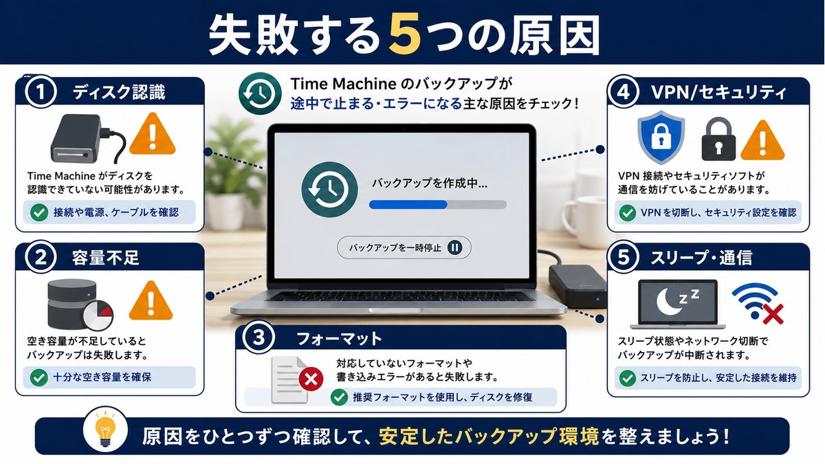 Time Machineバックアップが失敗する5つの原因を整理した図解