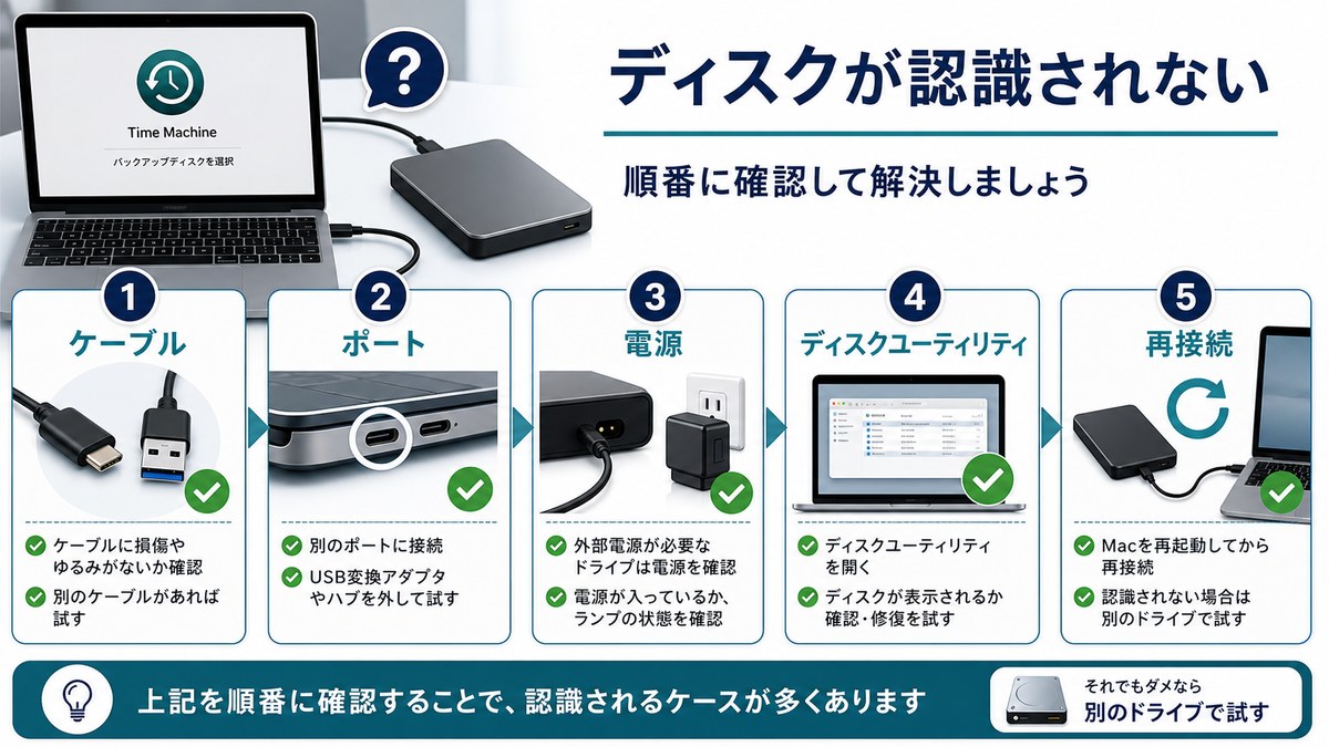 ケーブル、ポート、電源、ディスクユーティリティを順に確認する図解
