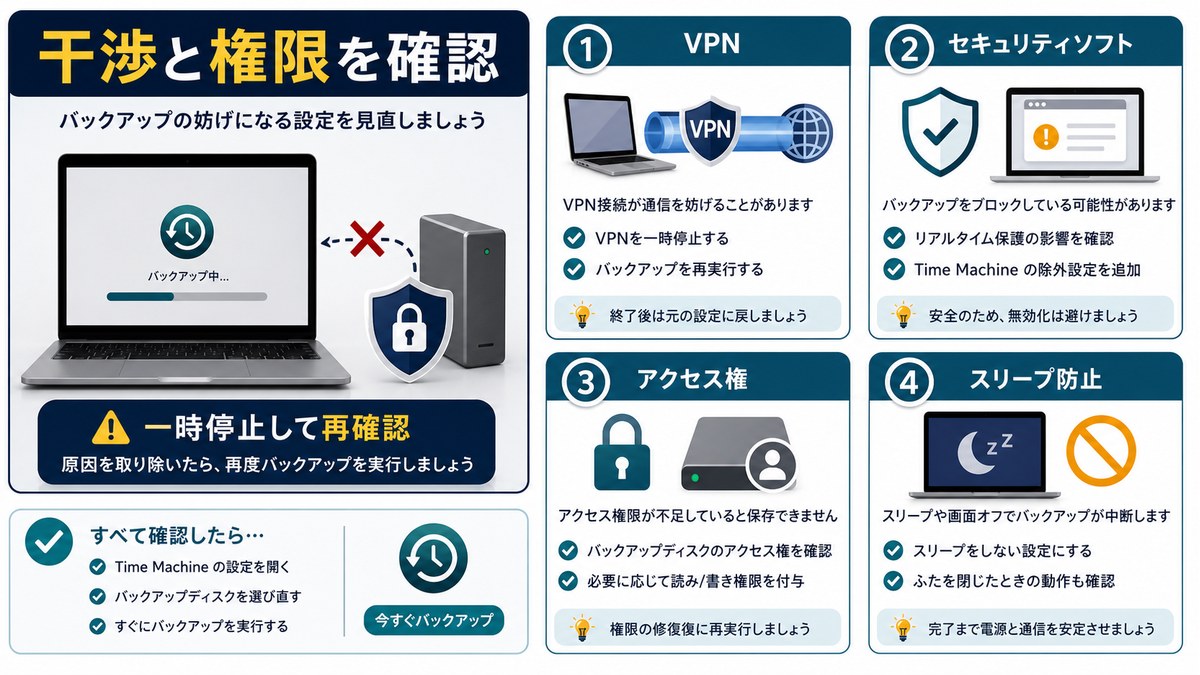 VPN、セキュリティソフト、アクセス権、スリープ防止を確認する図解