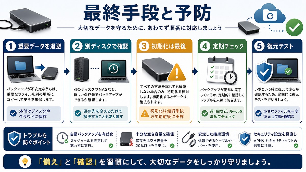重要データ退避、別ディスク確認、初期化、定期チェック、復元テストの図解