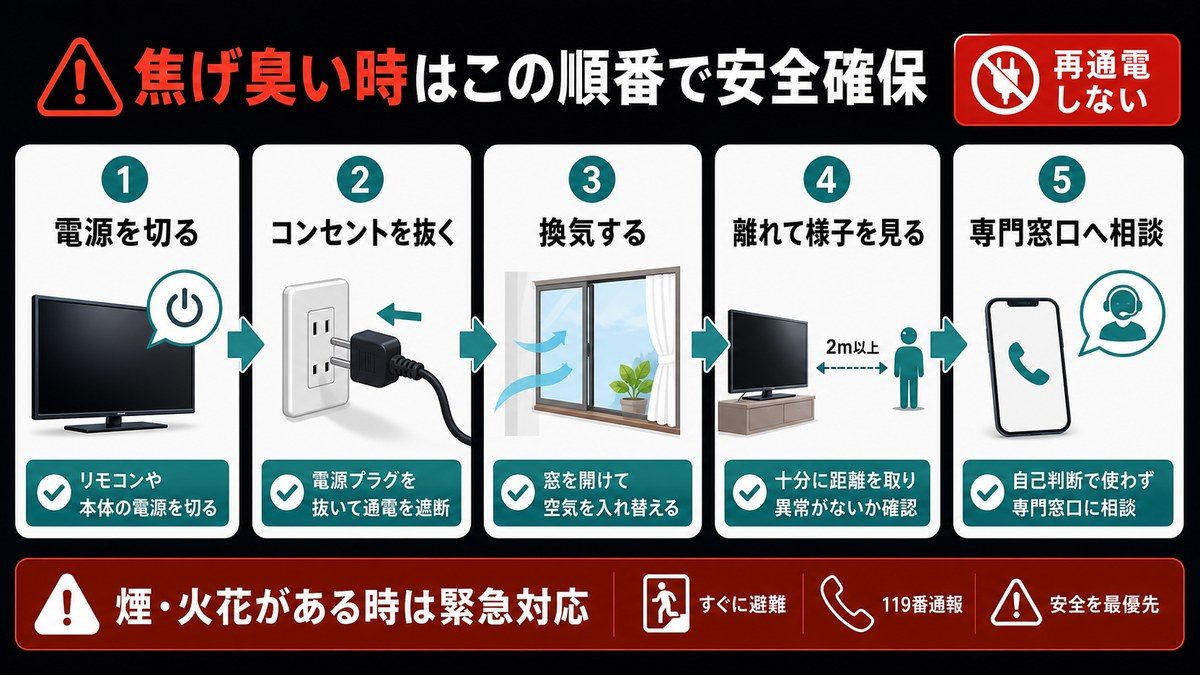 焦げ臭い時の安全確保順の図解