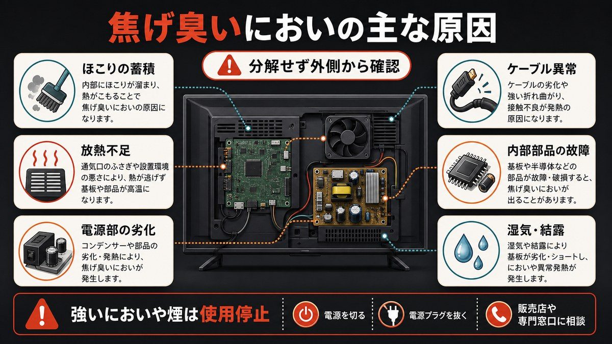 焦げ臭いにおいの主な原因の図解