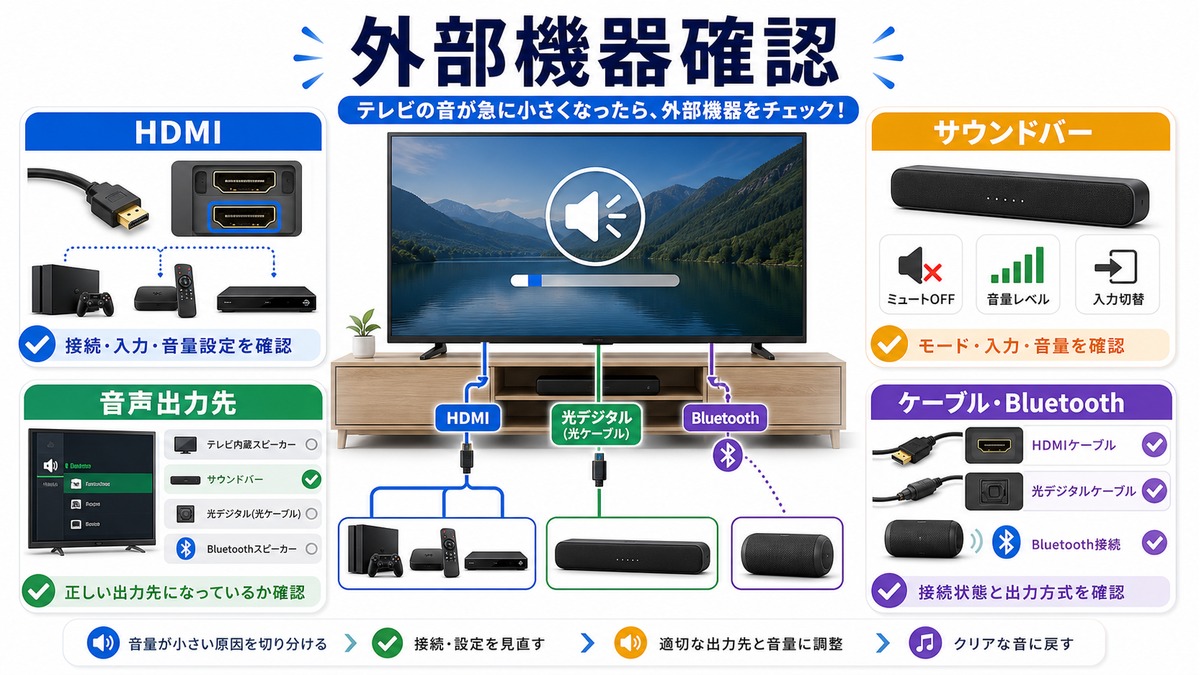 外部機器と音声出力先の確認手順の図解