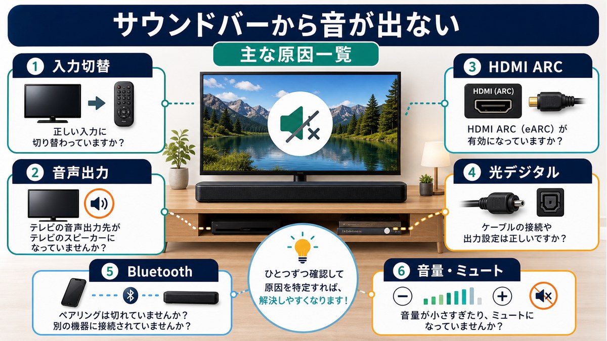 入力切替、音声出力、HDMI ARC、光デジタル、Bluetooth、音量を確認する図解