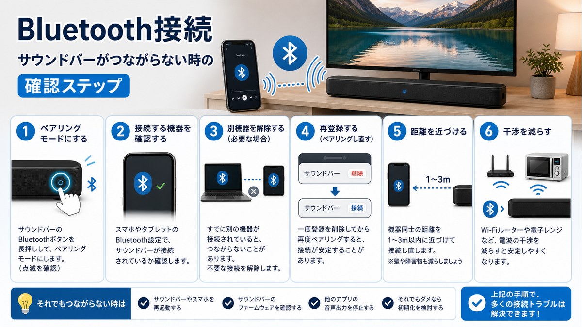ペアリング、別機器解除、再登録、距離、干渉を確認する図解