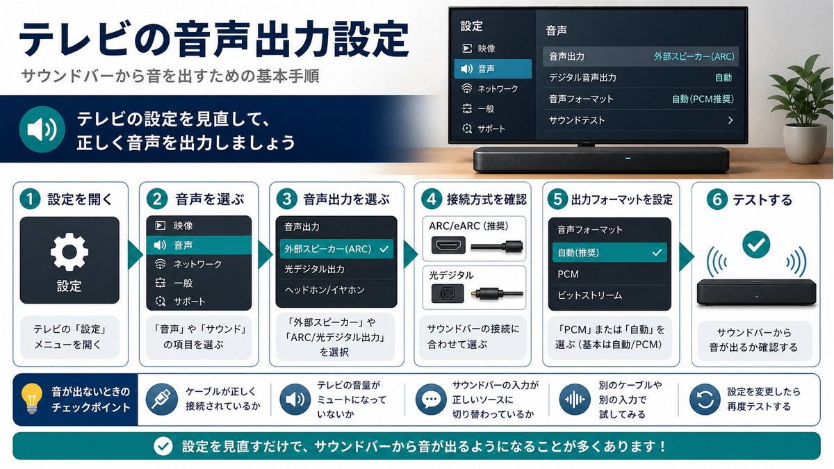 設定、音声、外部スピーカー、ARCや光デジタル、PCMや自動を確認する図解