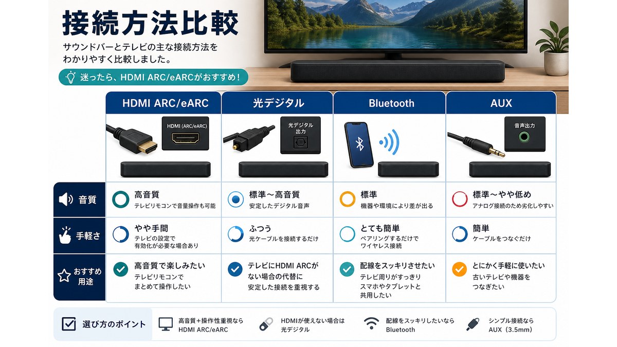 HDMI ARC、光デジタル、Bluetooth、AUXを比較した図解