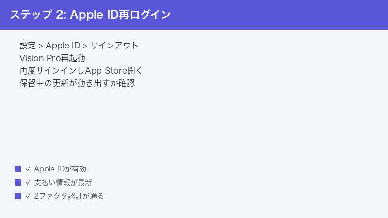 ステップ 2: Apple ID再ログイン — 設定 > Apple ID > サインアウト・Vision Pro再起動・再度サインインしApp Store開く” /></p>
<h2 id=