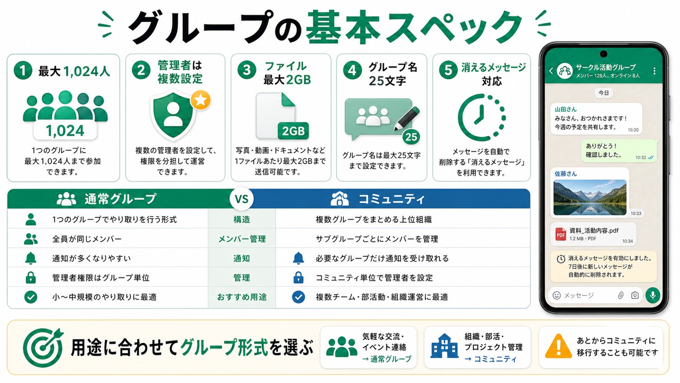 WhatsAppグループの基本スペックと通常グループとコミュニティの違いをまとめた図解