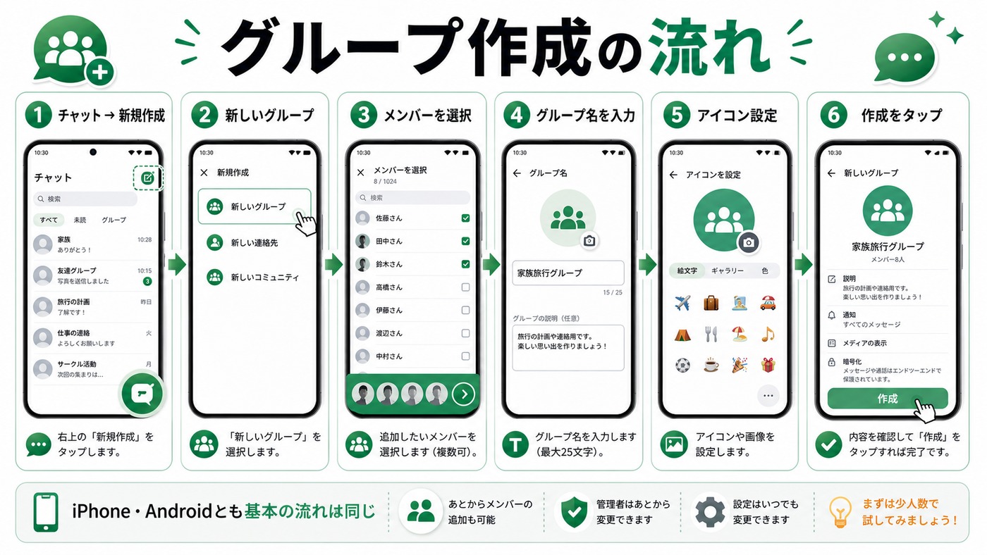WhatsAppグループを作成する流れを6ステップでまとめた図解