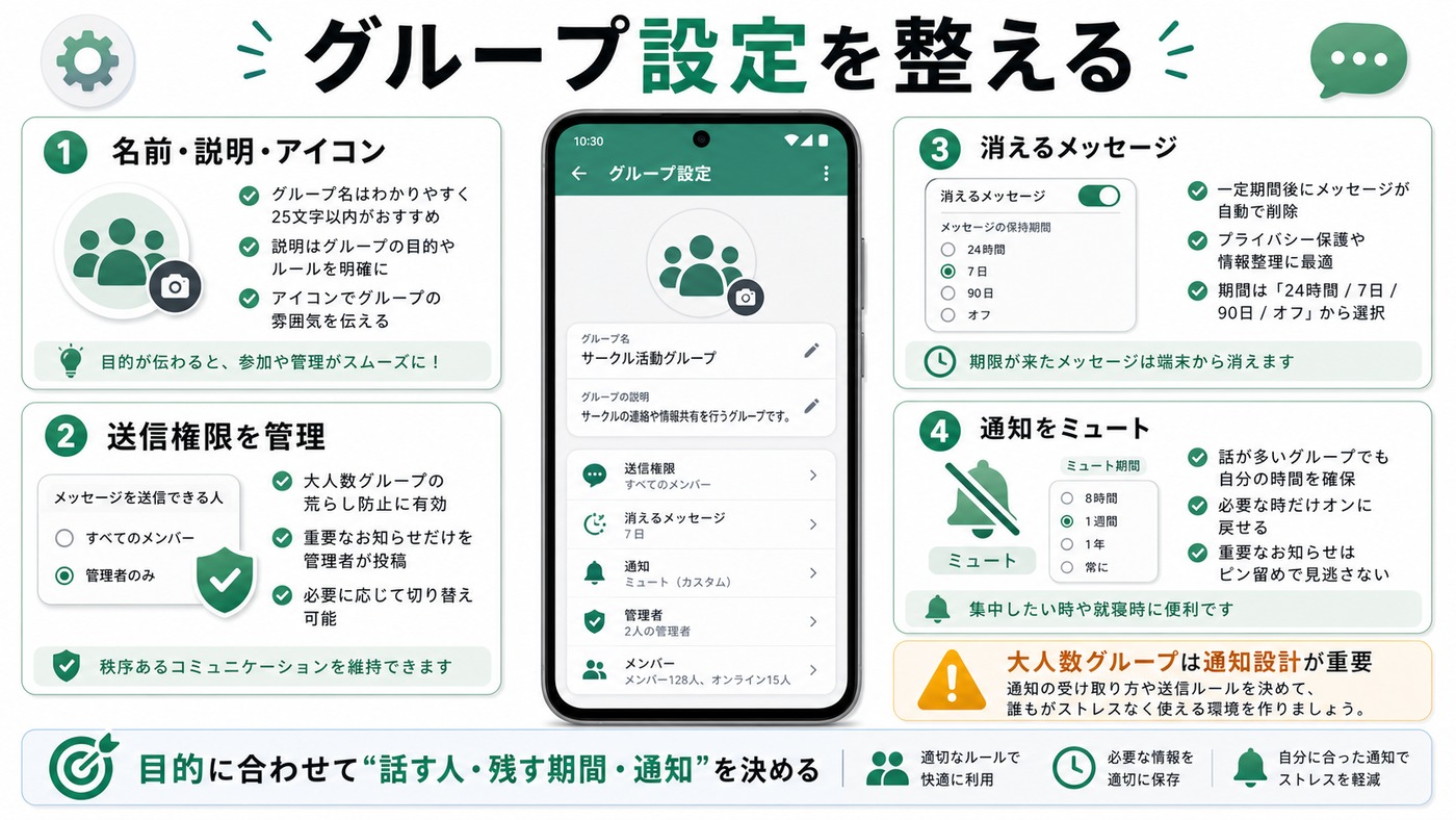 WhatsAppグループの名前説明アイコン送信権限通知設定をまとめた図解