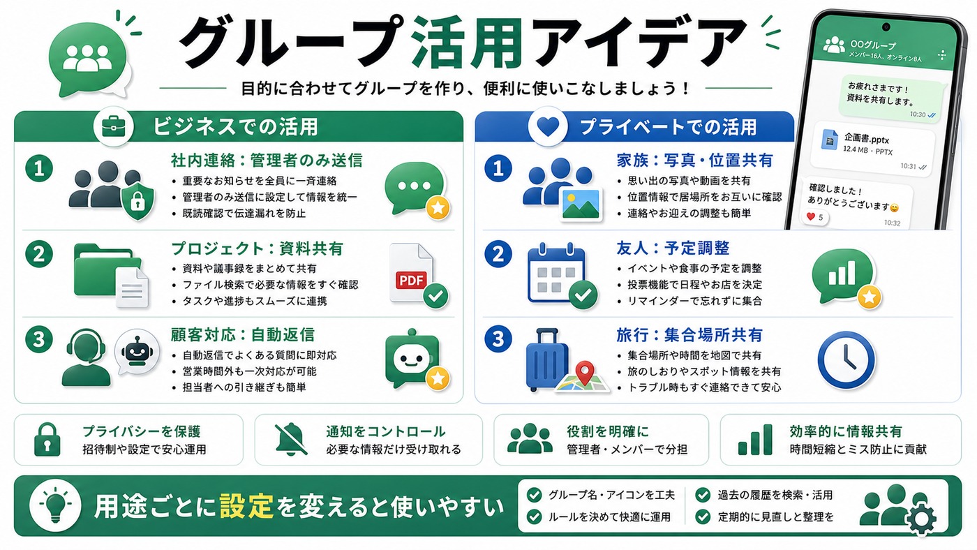 WhatsAppグループをビジネスや家族友人旅行で活用するアイデアをまとめた図解