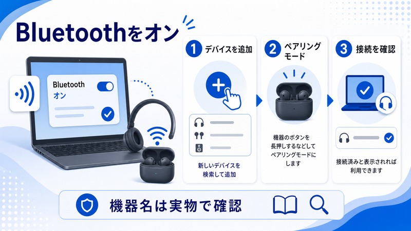 WindowsでBluetoothをオンにしてデバイス追加、ペアリングモード、接続確認を行う日本語図解