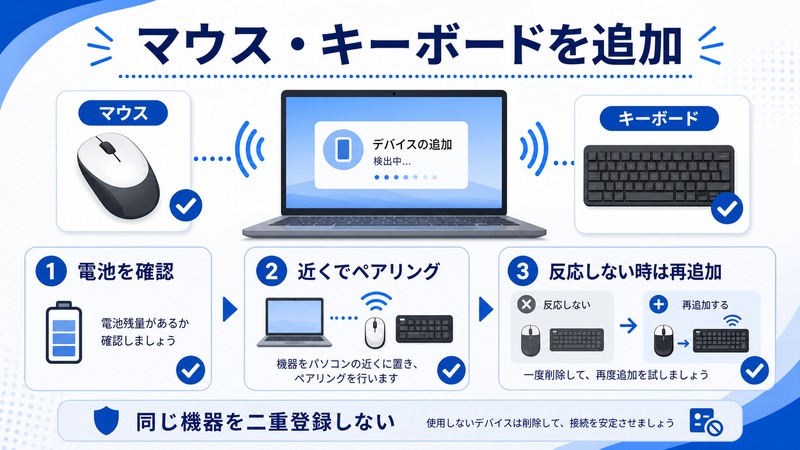 WindowsでBluetoothマウスとキーボードを追加し電池確認、近くでペアリング、反応しない時の再追加を示した日本語図解