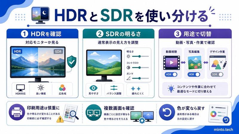 WindowsでHDRとSDRの対応や明るさや用途を確認して色設定を使い分ける流れをまとめた日本語画像