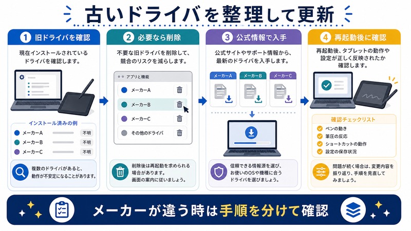 Windowsで旧ドライバを確認し、必要なら削除し、公式情報から入手して再起動後に確認する日本語図解