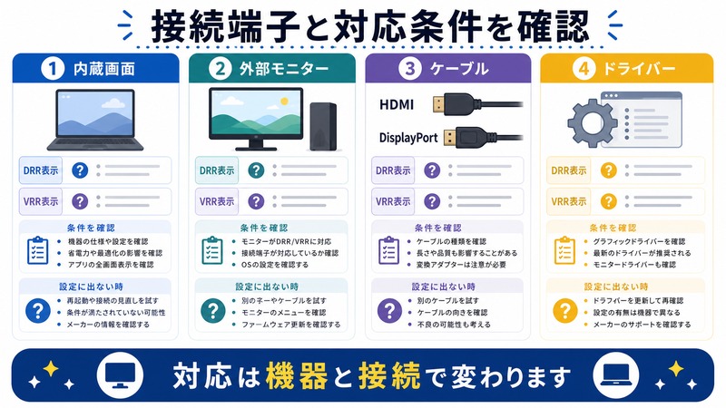 内蔵画面、外部モニター、HDMI、DisplayPort、ドライバーごとにDRRとVRRの対応条件を確認する日本語図解