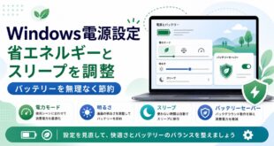 Windows電源設定で電力モード、明るさ、スリープ、バッテリーセーバーを確認する日本語アイキャッチ画像
