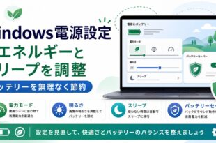 Windows電源設定で電力モード、明るさ、スリープ、バッテリーセーバーを確認する日本語アイキャッチ画像