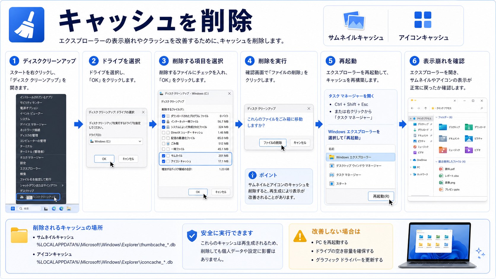 サムネイルキャッシュとアイコンキャッシュを削除する手順