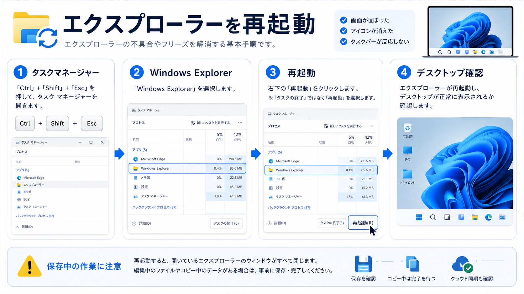 タスクマネージャーからWindows Explorerを再起動する手順
