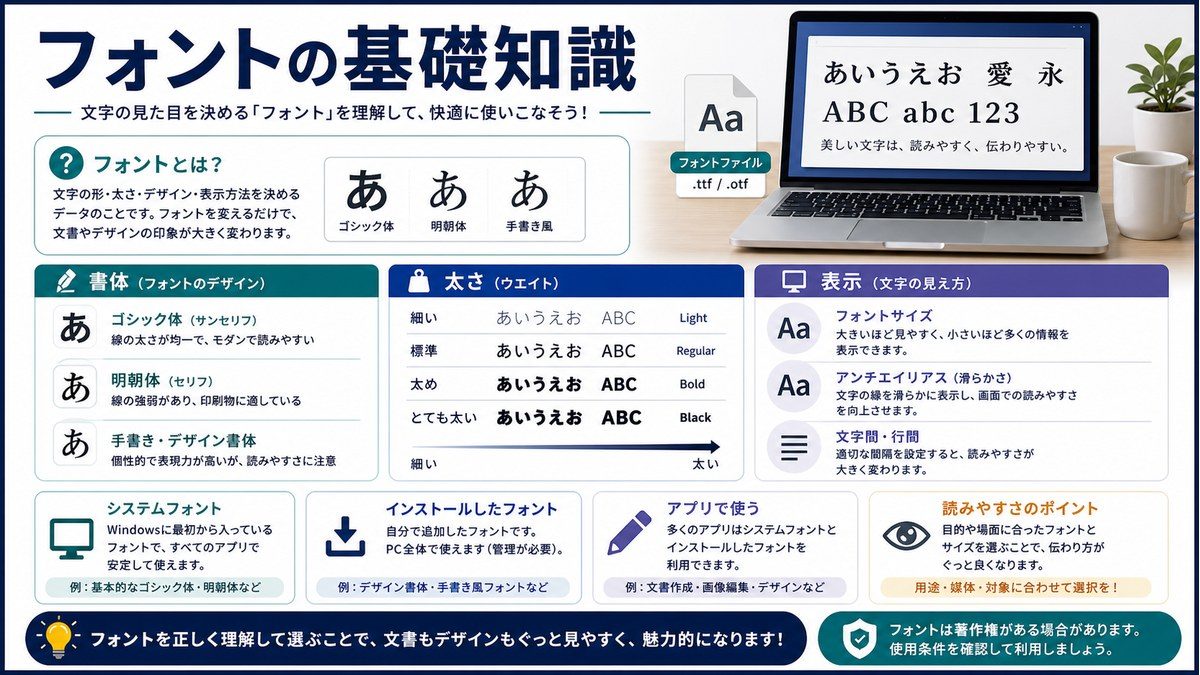書体、太さ、表示、システムフォント、アプリ利用を整理した図解