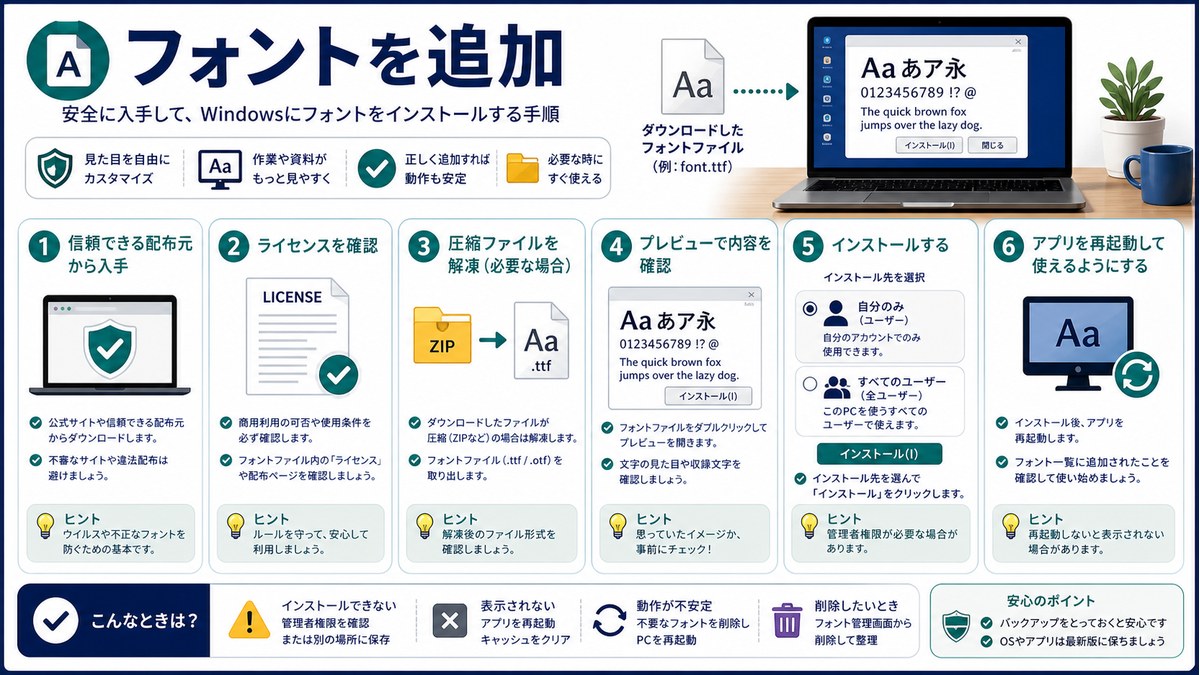 信頼できる配布元、ライセンス確認、プレビュー、インストールの図解