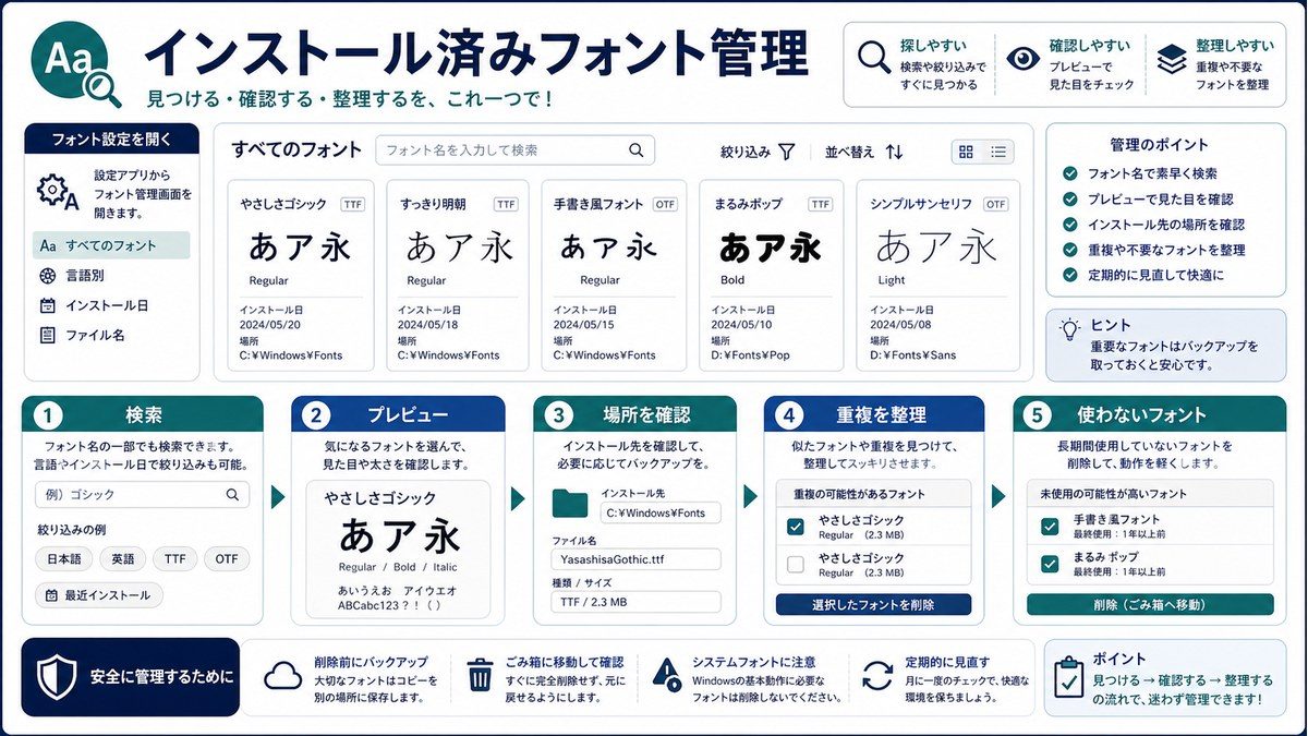 検索、プレビュー、場所確認、重複整理、不要フォント確認の図解