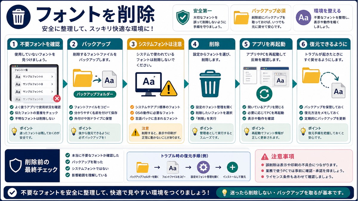 不要フォント確認、バックアップ、システムフォント注意、削除、復元を整理した図解