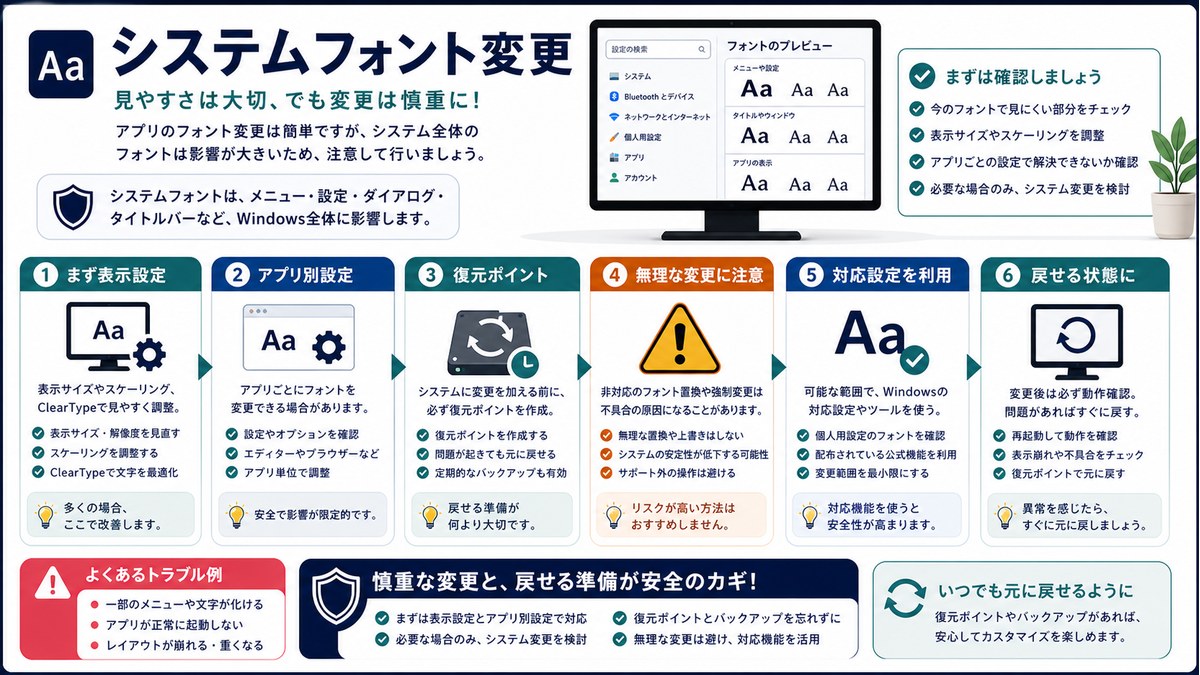 表示設定、アプリ別設定、復元ポイント、無理な変更への注意を示した図解