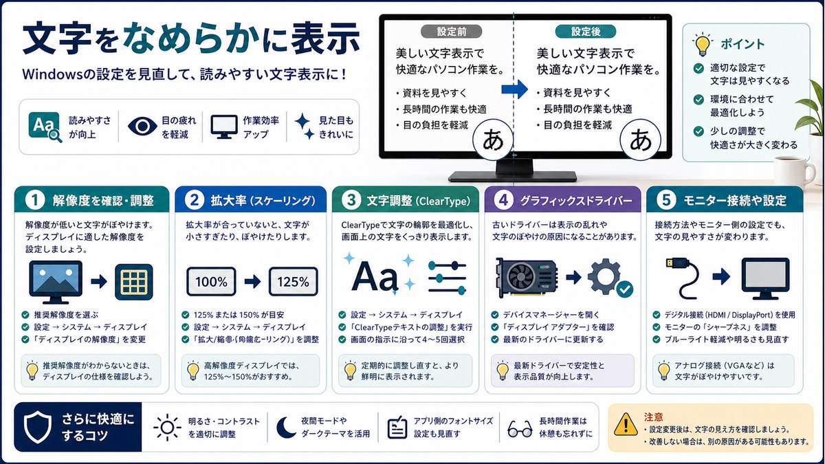 解像度、拡大率、文字調整、ドライバー、モニター接続を確認する図解