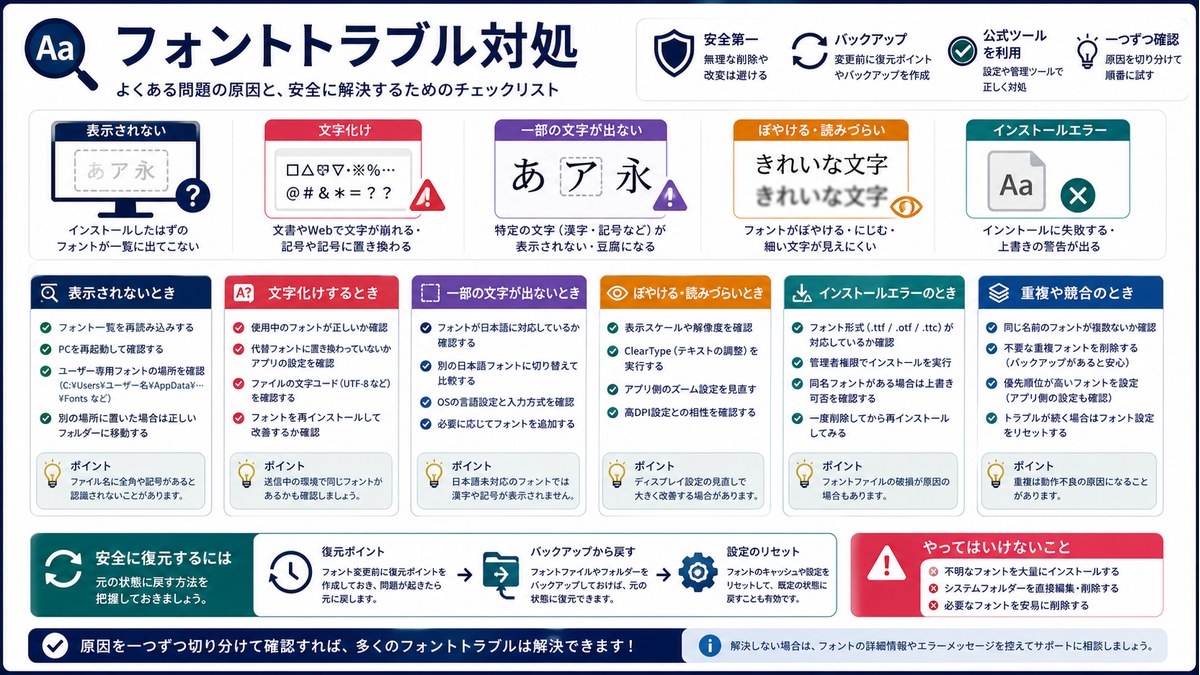 表示されない、文字化け、重複、アプリ再起動、破損確認、復元を整理した図解