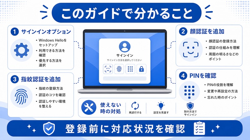 Windows Helloでサインインオプション、顔認証追加、指紋認証追加、PIN確認、使えない時の対処を確認する日本語図解