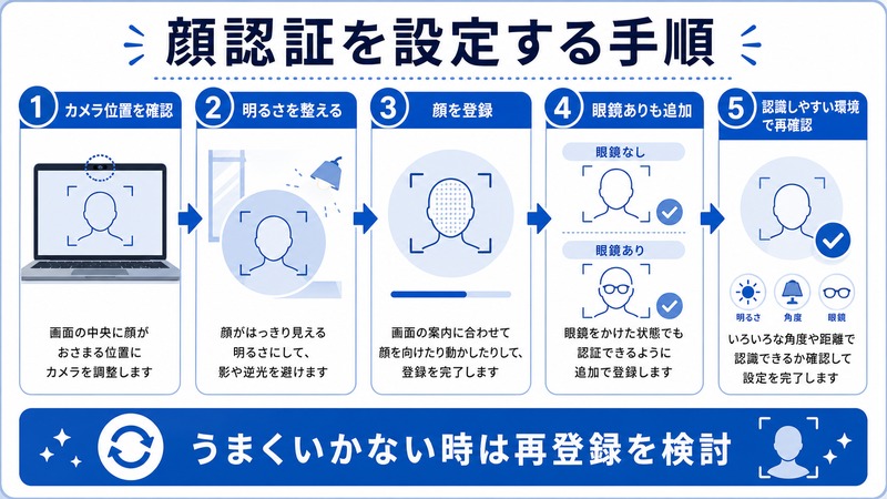 Windows Helloの顔認証でカメラ位置、明るさ、顔登録、眼鏡ありの追加登録、再確認を行う日本語図解