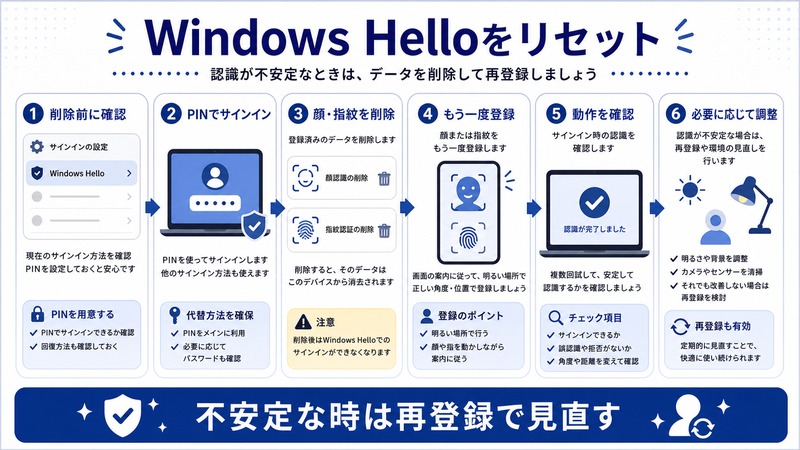 Windows Helloの削除前確認、PINでのサインイン、顔や指紋の削除、再登録、動作確認を示す日本語図解