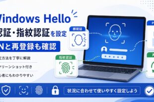 Windows Helloで顔認証、指紋認証、PIN確認、再登録を行う流れを示した日本語アイキャッチ画像