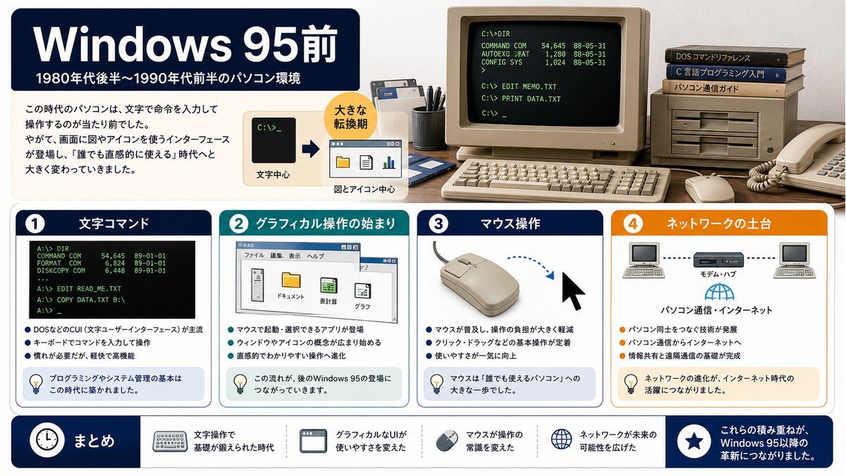 文字コマンドからグラフィカル操作へ移る時代を整理した図解
