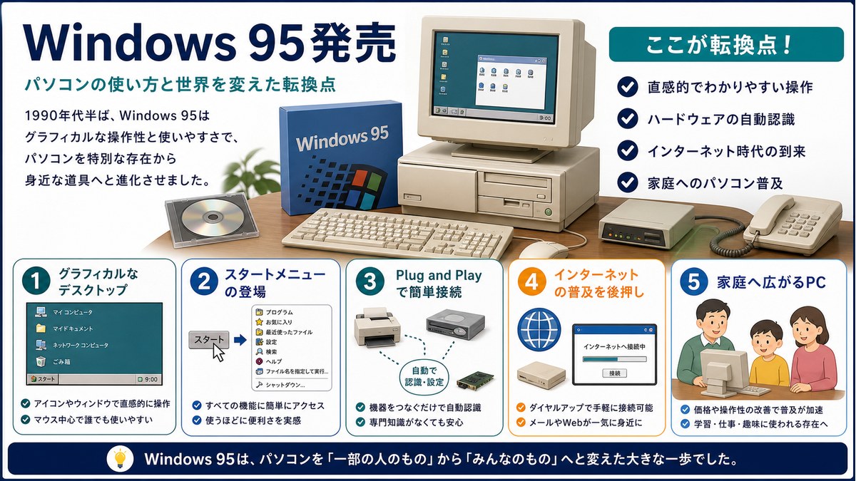 Windows 95の特徴と家庭用PC普及への流れを整理した図解