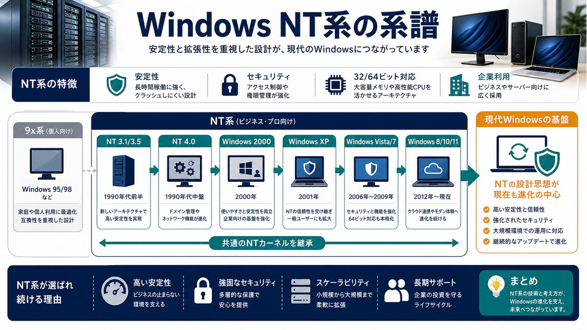 Windows NT系が現代Windowsの基盤になった流れを示した図解